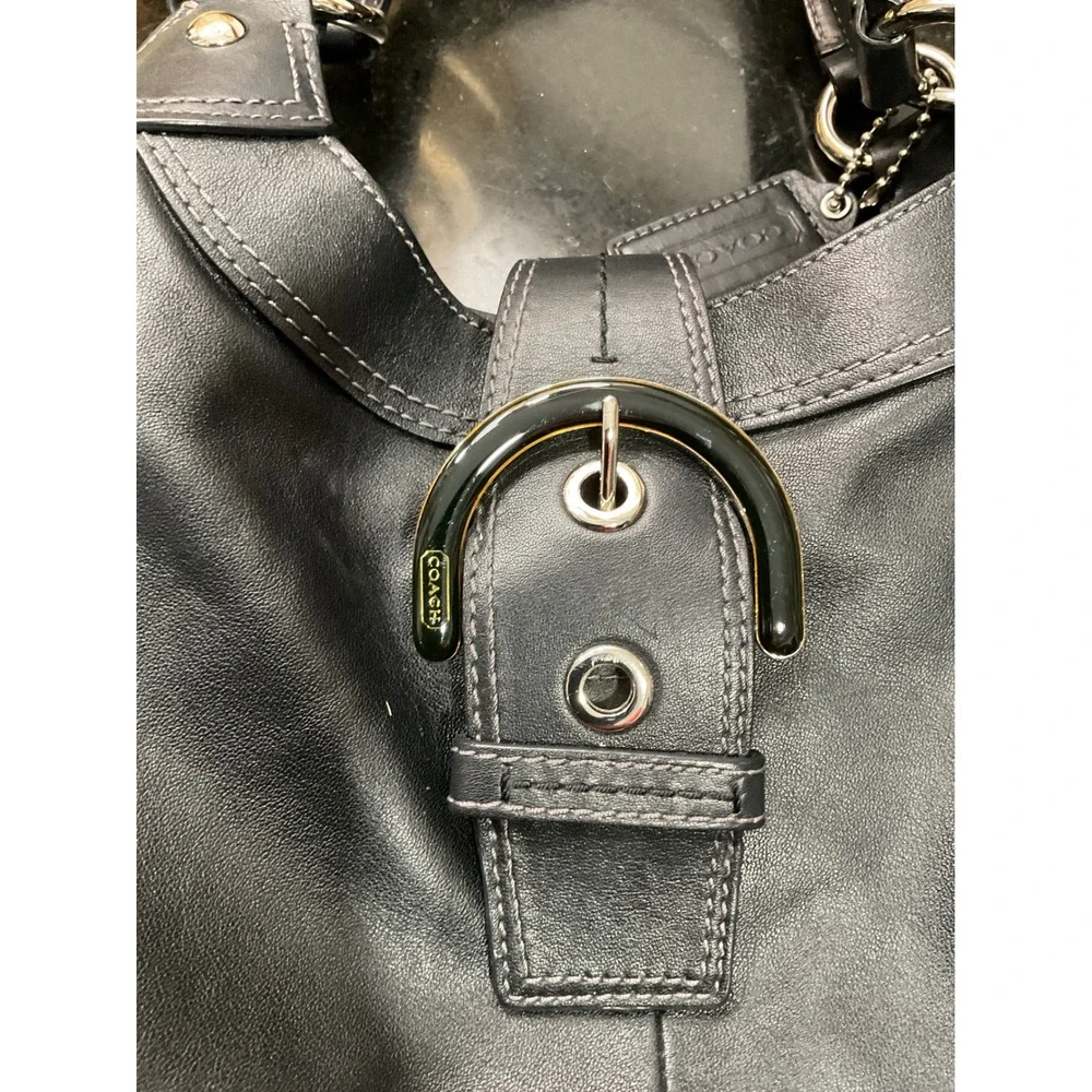 Coach Soho Black Leather Buckle Hobo Bag Silver Hardware Blue Lining